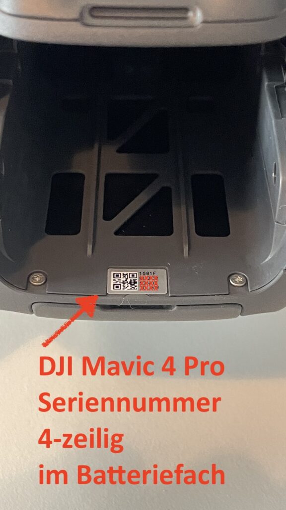 DJI Mavic 4 Pro: Drohnen Seriennummer im Batteriefach über 4 Zeilen mit 20 Stellen