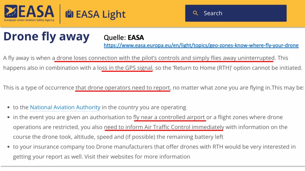 Drohnen: Fly Away, Unkontrolliertes Davonfliegen, Quelle: EASA