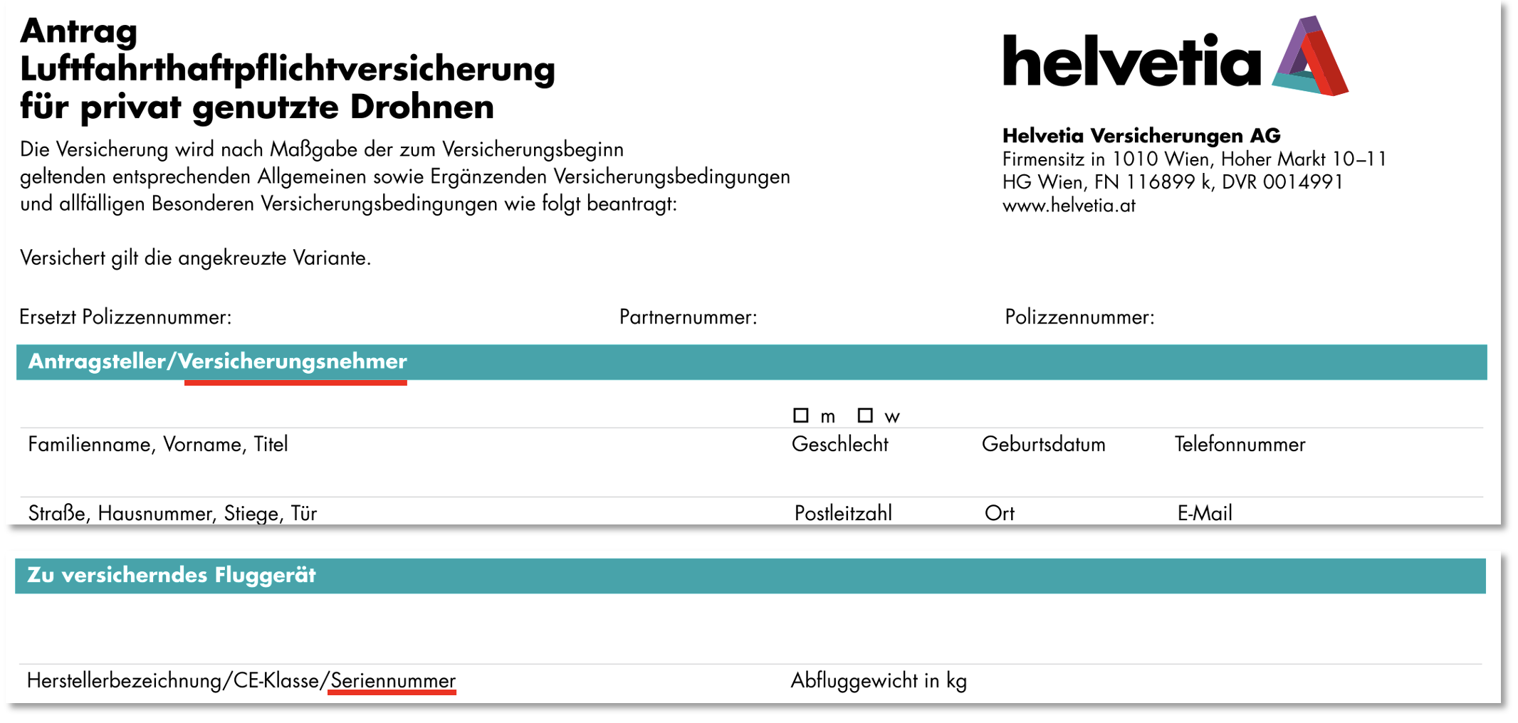 Helvetia Antrag zur Drohnen-Haftpflichtversicherung: Antragsteller wird Versicherungsnehmer; für das Fluggerät werden Herstellerbezeichnung, CE-Klasse, Seriennummer und Abfluggewicht erfasst