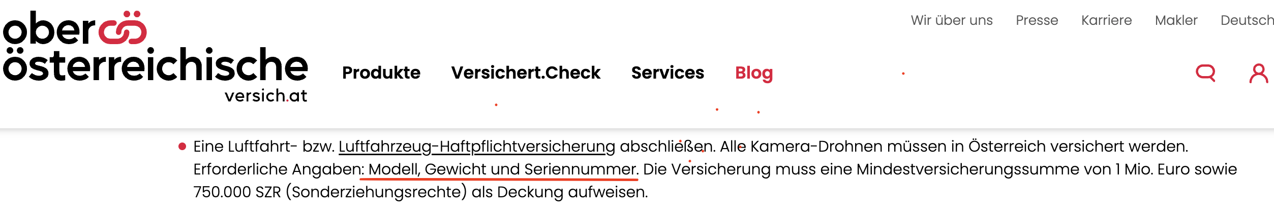 Oberösterreichische Versicherung: Kamera-Drohnen müssen in Österreich versichert werden; erforderliche Angaben sind Modell, Gewicht und Seriennummer