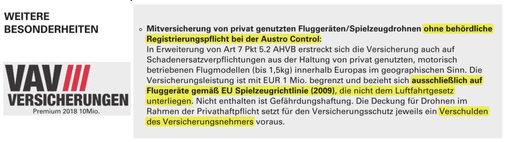 VAV Drohnenversicherung: Nur für Spielzeug, nicht für Registrierung bei Austro Control gemäß Luftfahrtgesetz