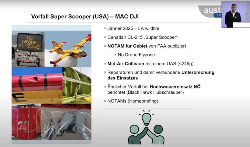 Drohnen Kollision mit Löschflugzeug in Kalifornien. Vortrag beim Drohnen Forum 2025 durch Austro Control