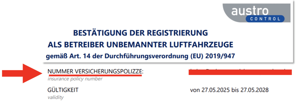 Austro Control Registrierungsbestätigung für Drohnen Betreiber: persönliche Polizzennummer der Drohnenversicherung ist Pflicht