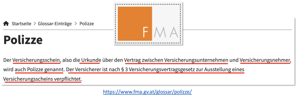 Finanzmarktaufsicht (FMA): Versicherungsschein und Polizze